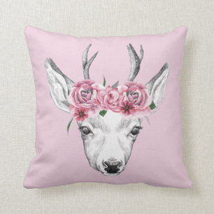 Watercolor Flowers Deer Throw Pillow