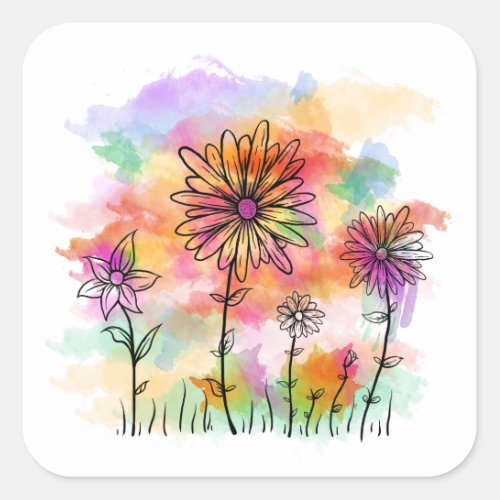 watercolor flowers doodle square sticker