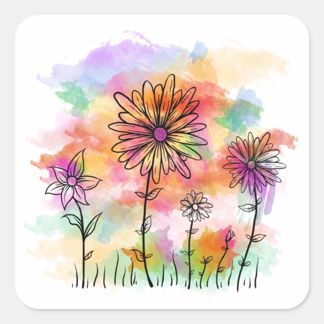 watercolor flowers doodle square sticker (Front)