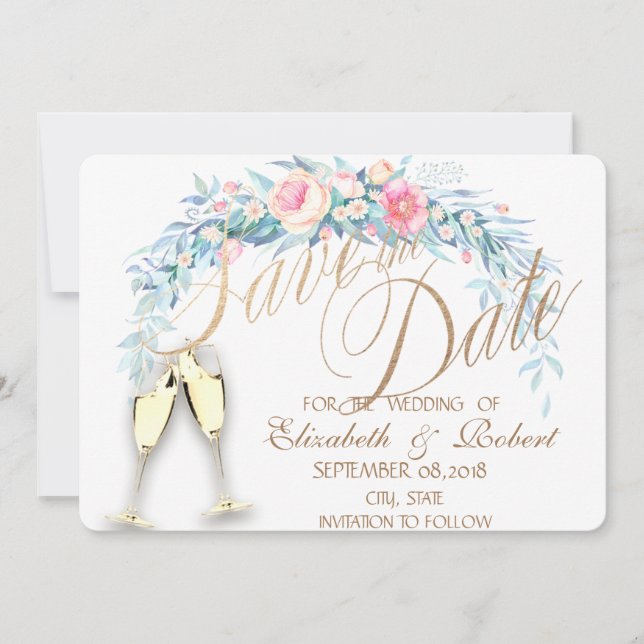 Watercolor Flowers,Dots Wine Glasses Save The Date (Front)