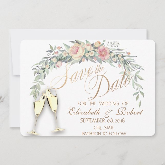 Watercolor Flowers, Dotted , Glasses Save The Date (Front)