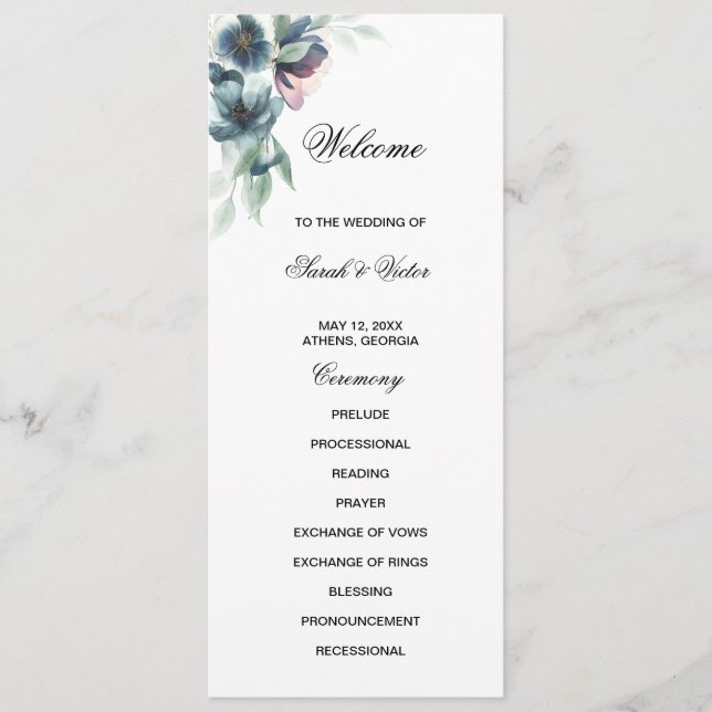 Watercolor flowers double side program card  (Front)