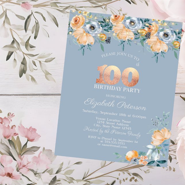 Watercolor Flowers Dusty Blue 100th Birthday Invitation (Creator Uploaded)