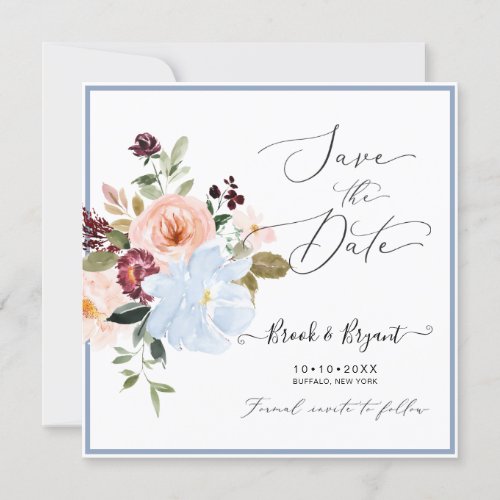 Watercolor Flowers Dusty Blue Blush Save the Date Invitation