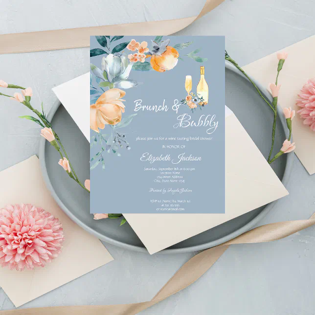 Watercolor Flowers Dusty Blue Brunch & Bubbly Invitation | Zazzle