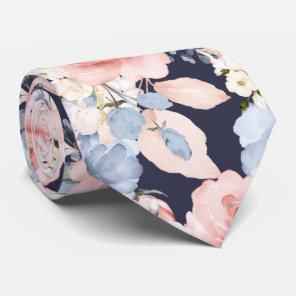Watercolor Flowers Dusty Blue Dusty Pink Roses Neck Tie