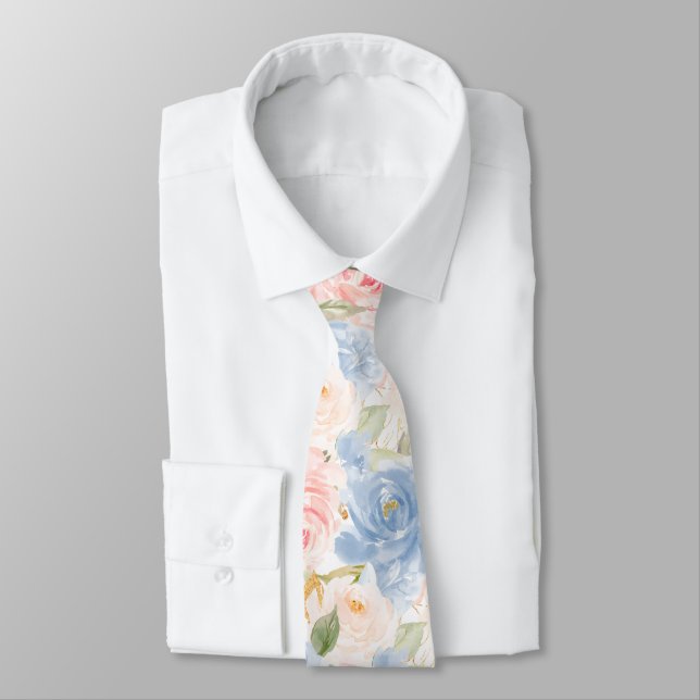 Watercolor Flowers Dusty Blue Dusty Pink Roses   Neck Tie (Tied)