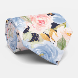 Watercolor Flowers Dusty Blue Dusty Pink Roses Neck Tie