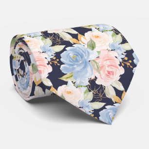 Watercolor Flowers Dusty Blue Dusty Pink Roses Neck Tie