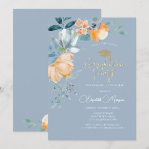 Watercolor Flowers Dusty Blue Graduation Party Invitation
