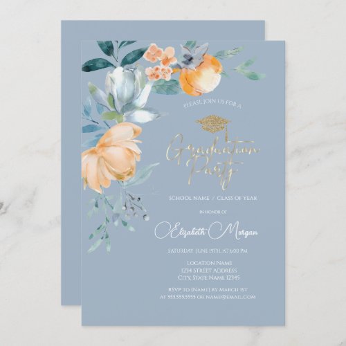 Watercolor Flowers Dusty Blue Graduation Party Invitation