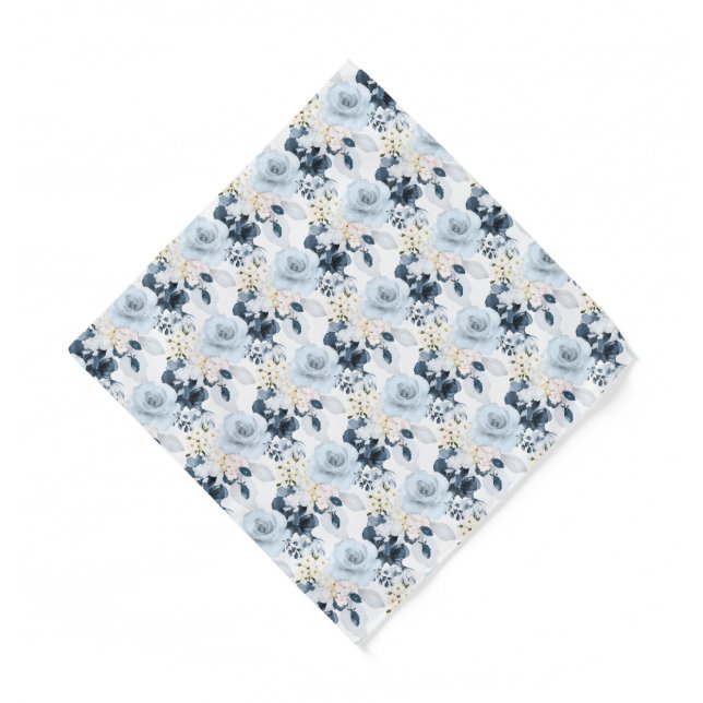 Watercolor Flowers Dusty Blue Navy Roses Bandana (Front)