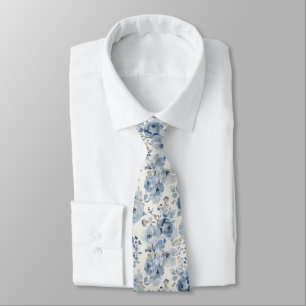 Watercolor Flowers Dusty Blue Navy Roses Neck Tie
