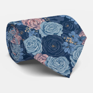 Watercolor Flowers Dusty Blue Navy Roses Neck Tie
