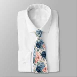 Watercolor Flowers Dusty Blue Navy Roses Neck Tie