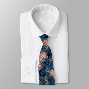 Watercolor Flowers Dusty Blue Navy Roses Neck Tie