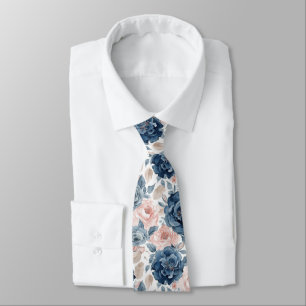 Watercolor Flowers Dusty Blue Navy Roses Neck Tie