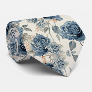 Watercolor Flowers Dusty Blue Navy Roses Neck Tie