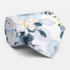 Watercolor Flowers Dusty Blue Navy Roses Neck Tie