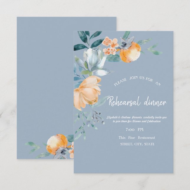 Watercolor Flowers Dusty Blue  Rehearsal Dinner   Invitation (Front/Back)