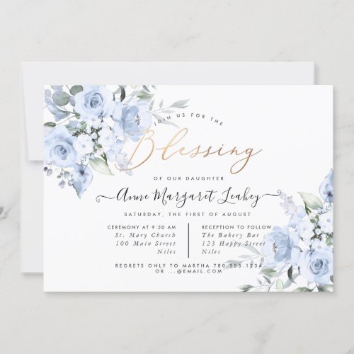 Watercolor Flowers Dusty Blue Roses Blessing Invitation