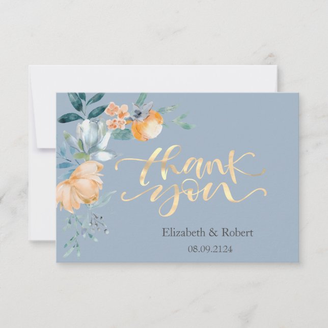 Watercolor Flowers Dusty Blue Thank You Card (Front)