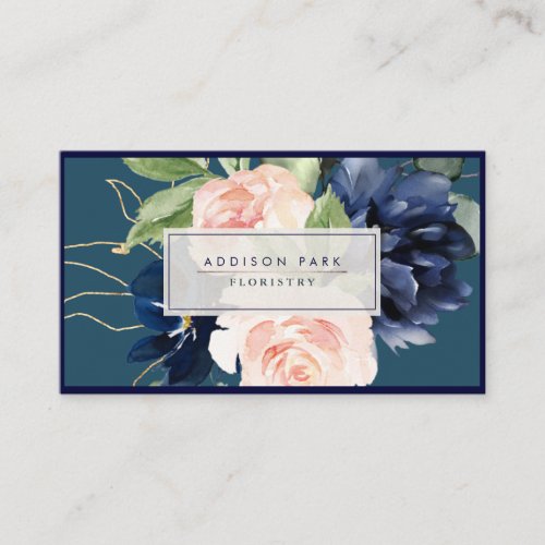 Watercolor Flowers Dusty Navy Blue Blush DIY Teal Business Card