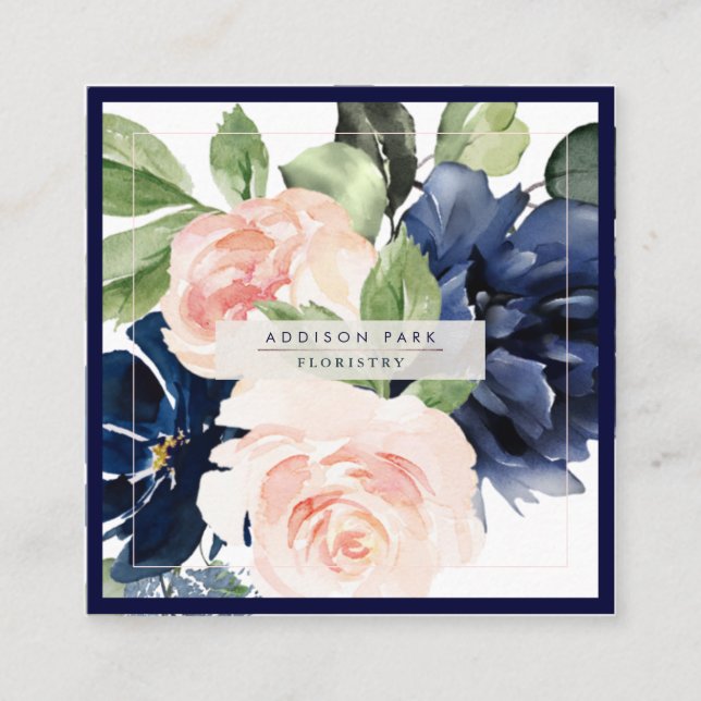 Watercolor Flowers Dusty Navy Blue Blush Square Business Card (Front)