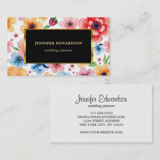 Watercolor flowers elegant boho professional business card (Front/Back)
