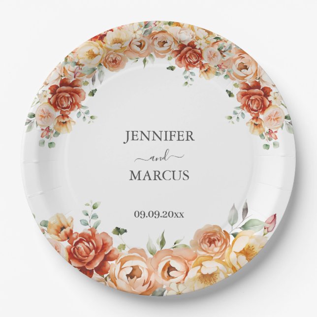 Watercolor Flowers Elegant Botanical Wedding Paper Plates (Front)