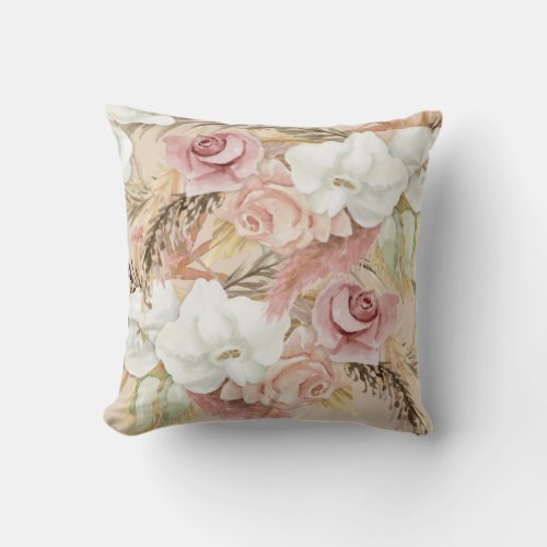 Watercolor Flowers Elegant Pampas Blush Pink Rose Throw Pillow