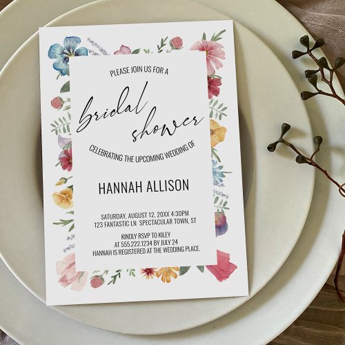 Watercolor Flowers Elegant Script Bridal Shower Invitation