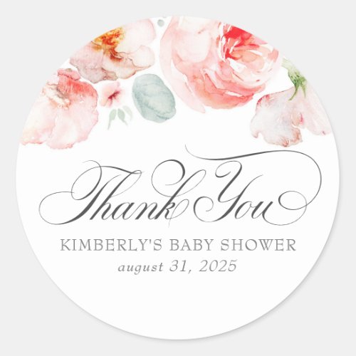Watercolor Flowers Elegant Soft Pink Thank You Classic Round Sticker