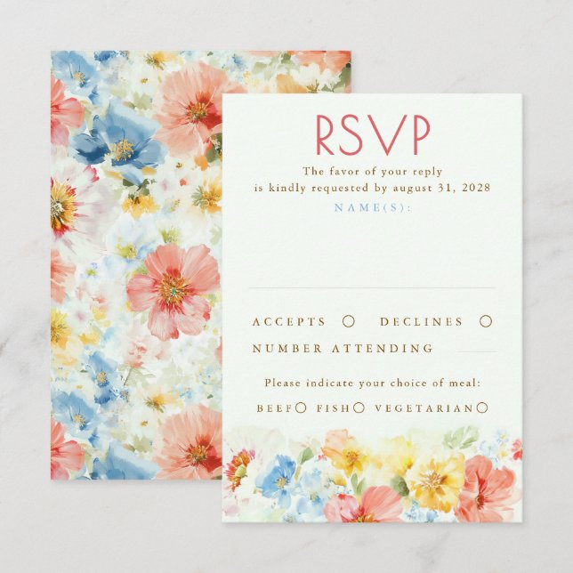 Watercolor Flowers Elegant Wedding RSVP (Front/Back)