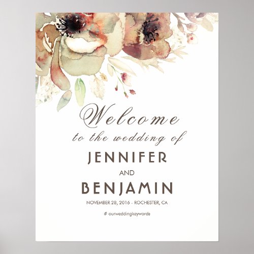 Watercolor Flowers Fall Wedding Welcome Sign - Vintage watercolor flowers fall Wedding Welcome Sign