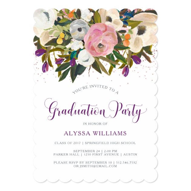 Watercolor Flowers | Faux Glitter Graduation Party Card (front side)