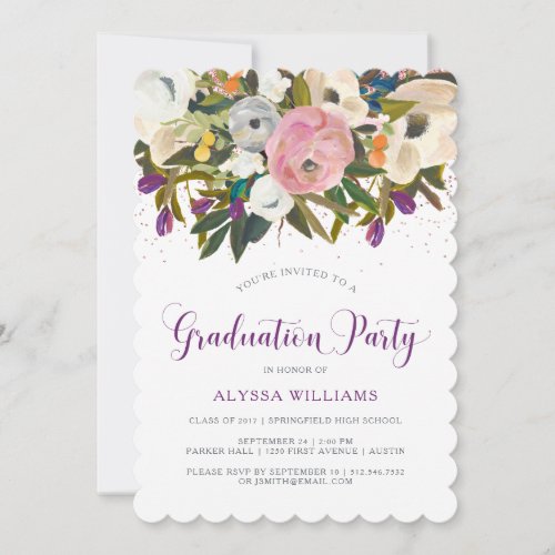 Watercolor Flowers | Faux Glitter Graduation Party Card