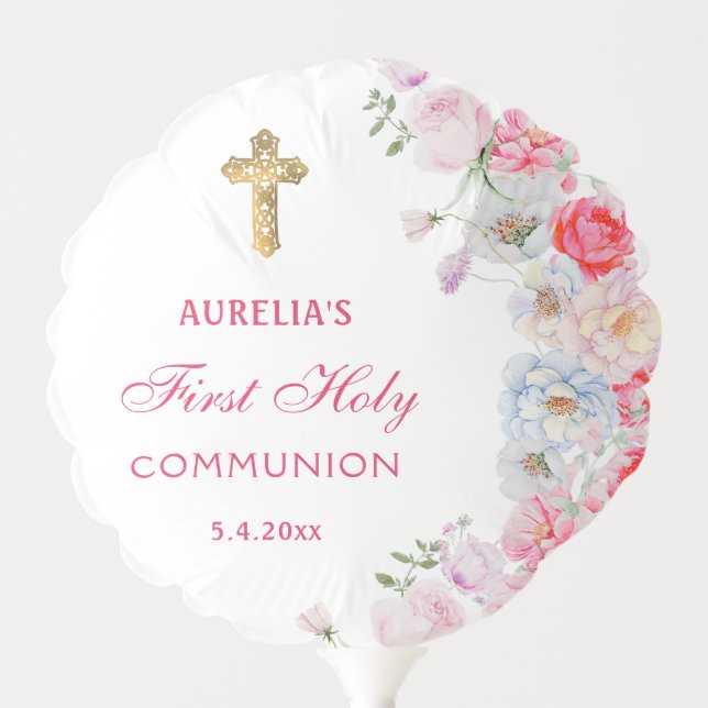 Watercolor Flowers First Communion Balloon (Front)