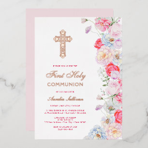 Watercolor Flowers First Communion Foil Invitation
