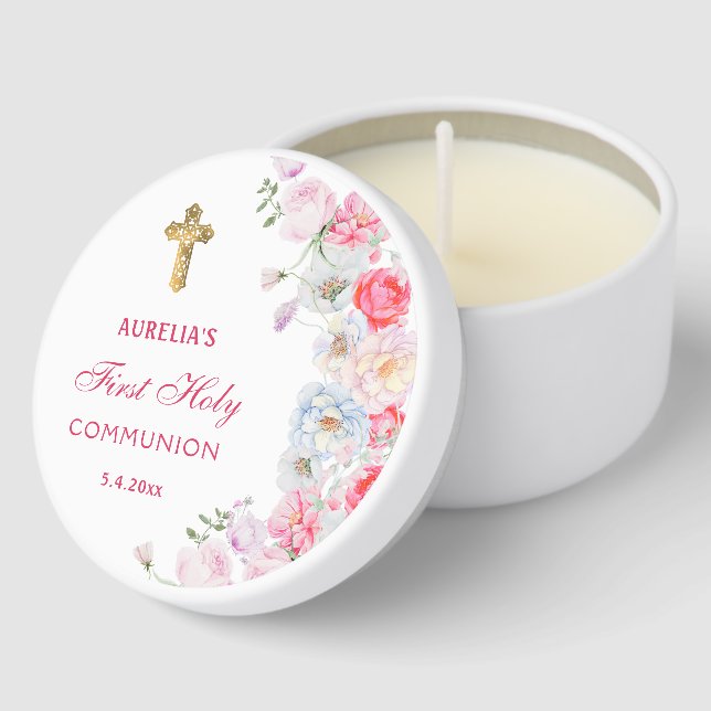 Watercolor Flowers First Communion Mini Candle Favors (Corner)