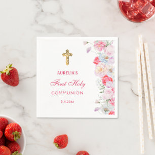 Watercolor Flowers First Communion Napkins