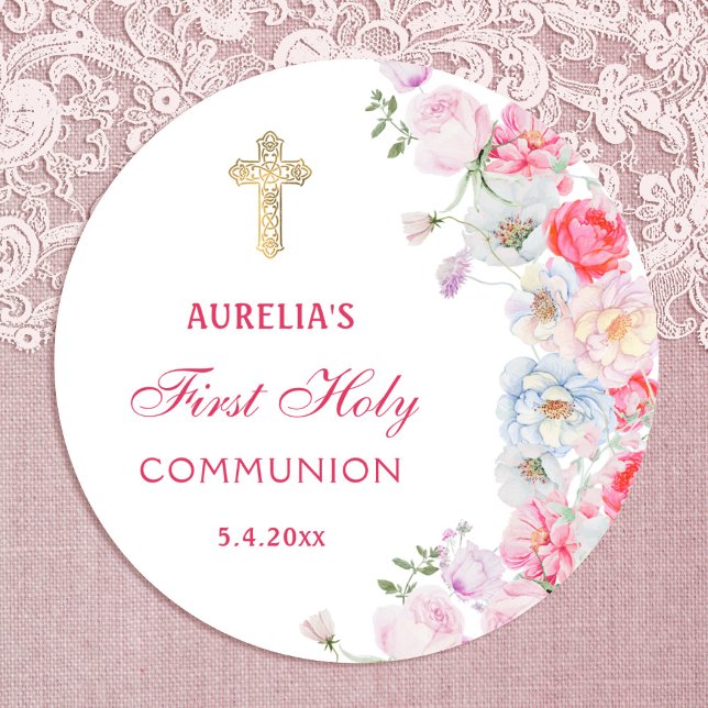 Watercolor Flowers First Communion Round Sticker (Creator Uploaded)