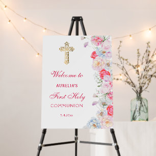 Watercolor Flowers First Communion Welcome Foam Board