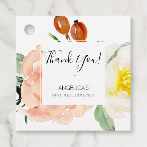 Watercolor Flowers First Holy Communion Thank You Favor Tags