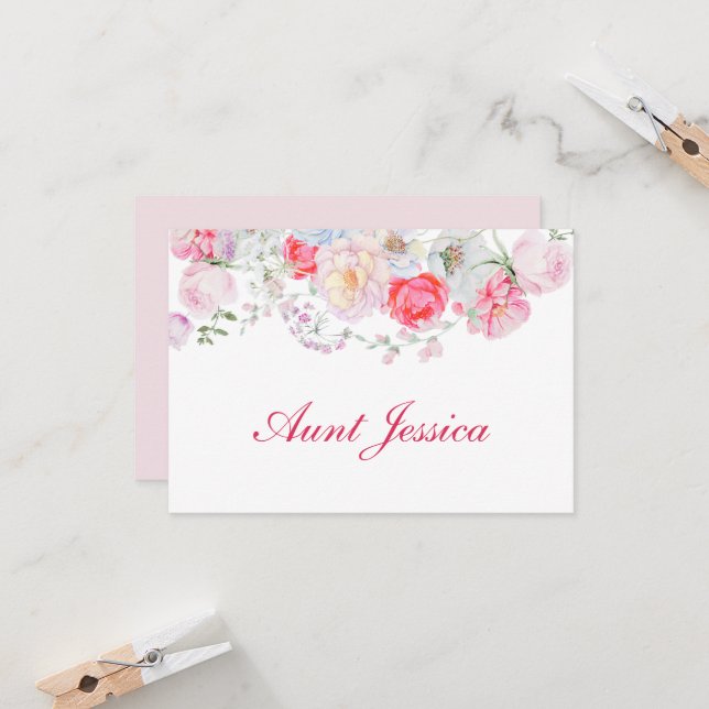 Watercolor Flowers Flat Place Card (Front/Back In Situ)