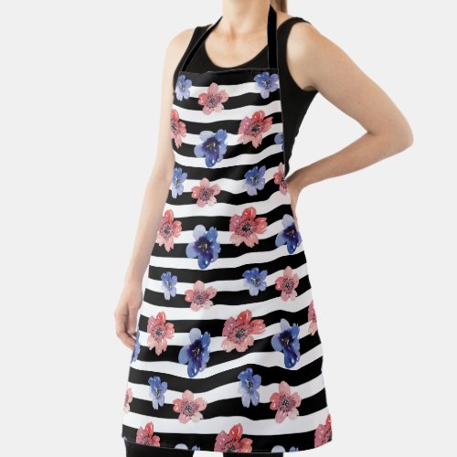 Watercolor Flowers Floral Black  White Stripes Apron