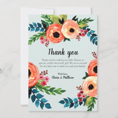 Watercolor Flowers Floral Botanical Baby Shower Thank You Card