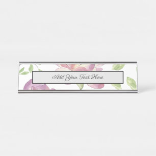 Watercolor Flowers Floral Garden Green Leaves Desk Name Plate