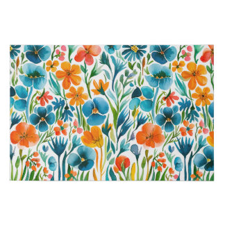 Watercolor Flowers Floral Illustration Blue Orange Faux Canvas Print