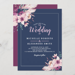 Watercolor Flowers Floral Navy Wedding Invitation